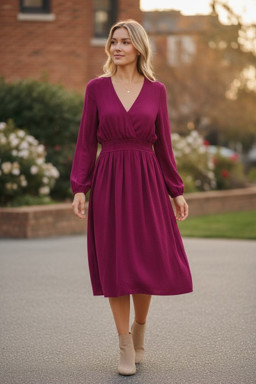 NWOT $145 Self Contrast Midi Dress burgundy Large